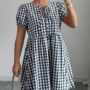 Checkered Puff Sleeve Dress